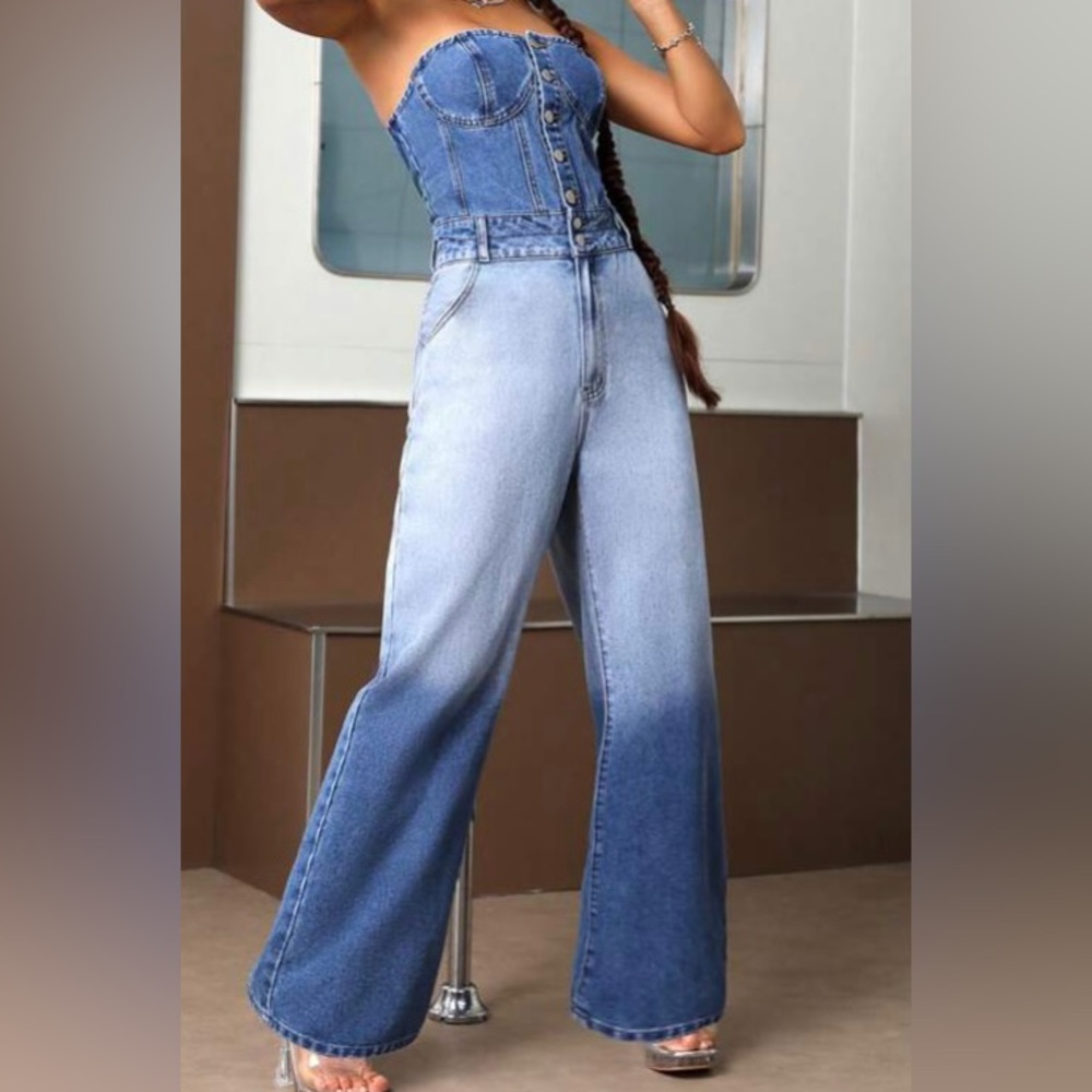 Button Front Flare Leg Tube Denim Jumpsuit